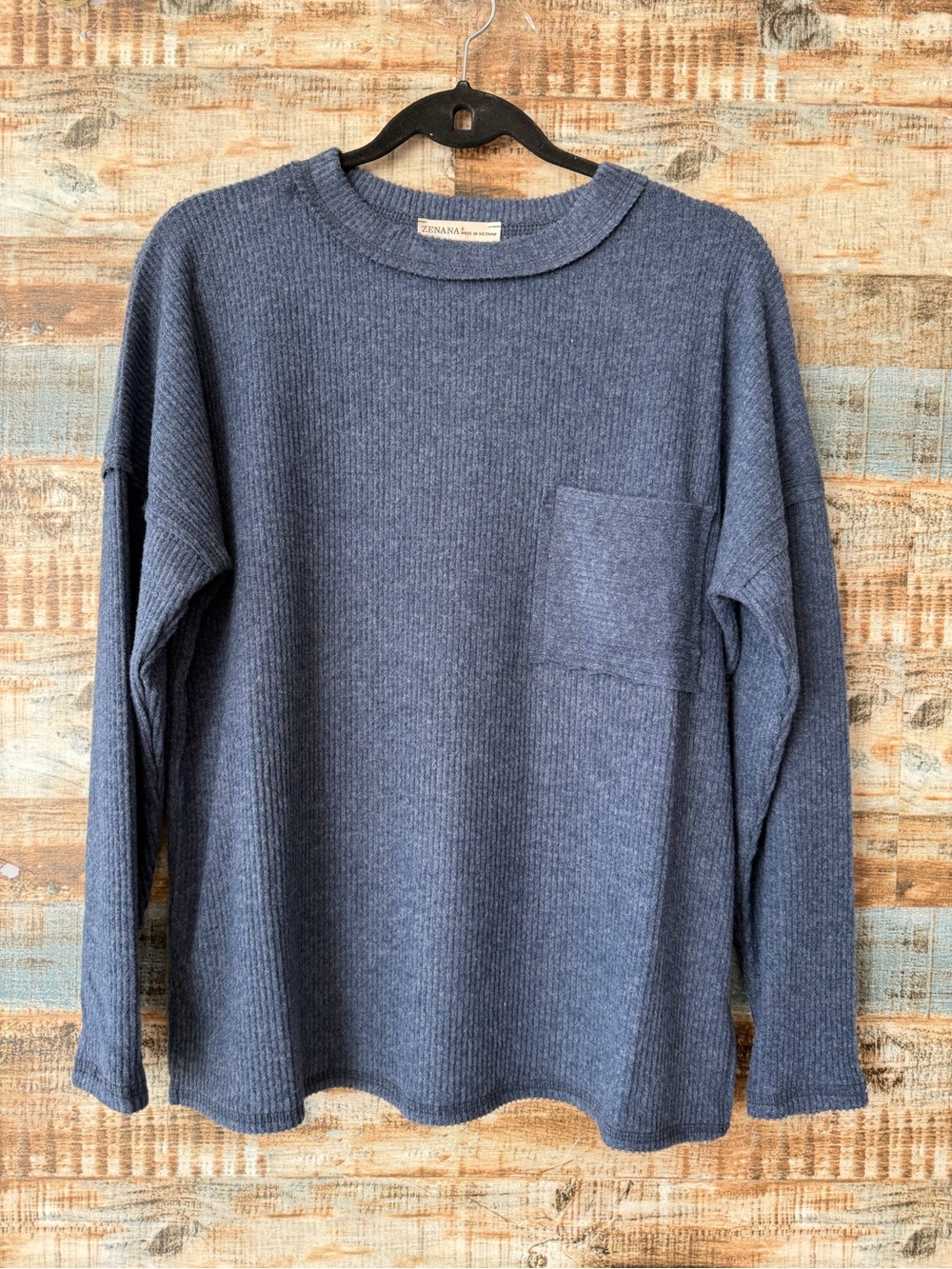 Zenana Outfitters Women's Ribbed Long-Sleeve Crewneck Shirt - Navy
